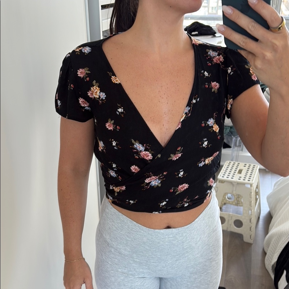 Floral Black Wrap Top